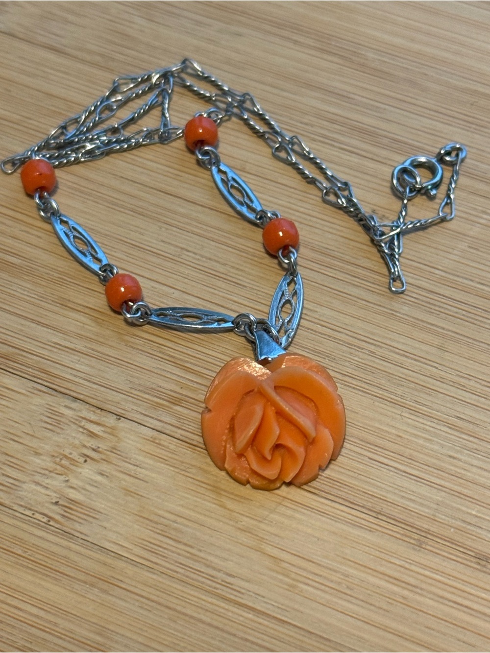 Vintage Art Deco Necklace Carved Celluloid Coral Flower 1930s- Early 1940s